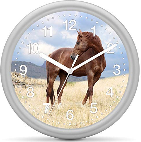 Eurotime Quarzwanduhr, 25 cm, Kunststoffgehäuse Silber, Kunststoffglas, klares 12-Zahlen Zifferblatt mit Pferdemotiv, geräuscharmes Uhrwerk, kein Ticken, Wanduhr für Kinderzimmer, 82213-07