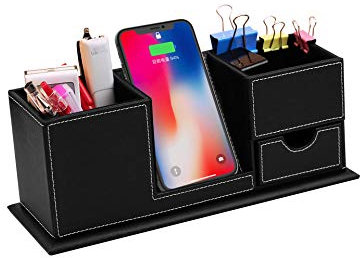 PowEver Qi Kabelloser Ladeständer mit Schreibtisch-Organizer, Stifthalter, Ladegerät für iPhone, Samsung und andere QI-fähige Geräte