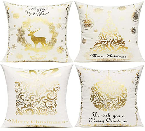 VAKADO Kissenbezüge 45x45cm 4 Stück Weihnachten draußen Gold Samt Dekorative Merry Christmas Überwurf- Weihnachtsbaum Modern Rentier Schnee Geschenk Xmas Urlaub Bronzing Home Decor für Couch Sofa Bett