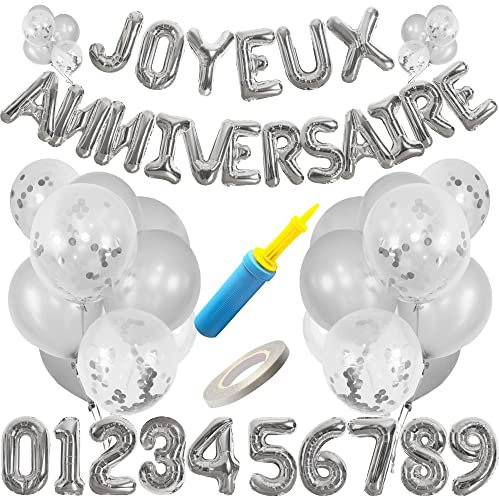 Ballons anniversaire gris argenté, kit déco joyeux anniversaire adulte et enfant, 1 pompe manuelle intégrée, chiffres de 0 à 9, 20 ballons couleurs unies, 10 ballons confettis et un ruban