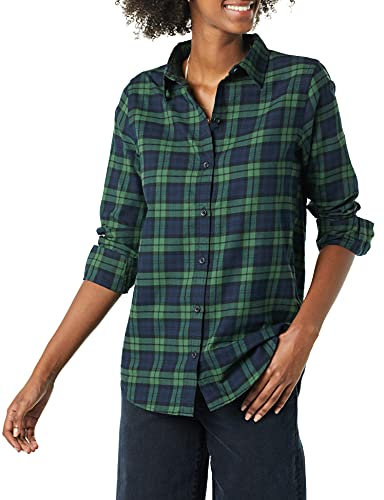 Amazon Essentials Chemise en Flanelle à Carreaux Légère, Manches Longues, Coupe Classique Femme, Bleu Marine Vert Foncé Moyen Plaid, L