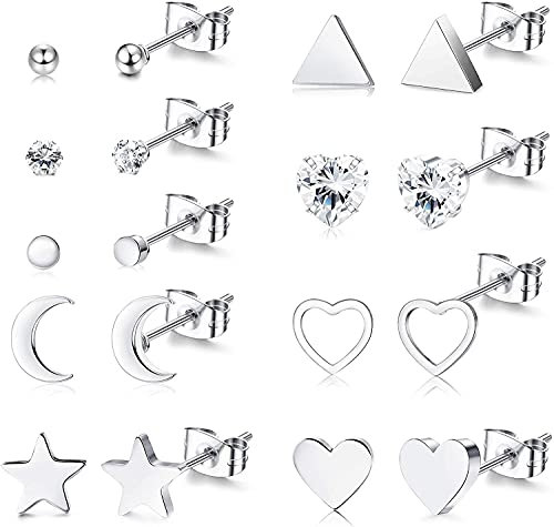Milacolato 9 Paar Ohrstecker Chirurgenstahl Zierliches kleines Herz Mond und Stern Ohrringe Minimalistisch Geometrische CZ Silberkugel und Dreieck Ohrringe Sets für Damen Herren