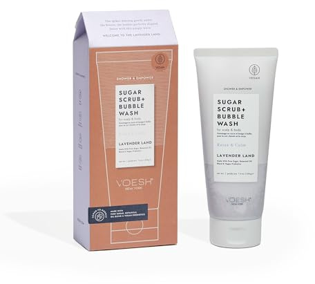 VOESH Sugar Scrub + Bubble Wash - Körperpeeling - Vegane Körperpflege - Reinigt, peelt, schäumt & spendet Feuchtigkeit - Lavender Land