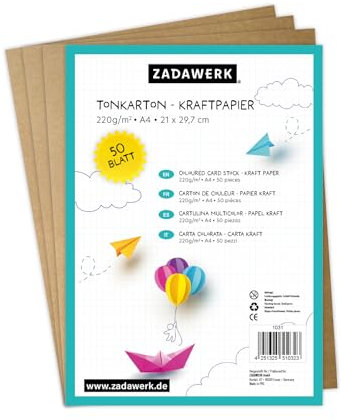 ZADAWERK® Tonkarton - 220 g/m² - DIN A4 - Naturbraun - 50 Blatt - Bastelkarton - farbiges Kraftpapier zum Basteln - Tonzeichenpapier dick – 29,7x21 cm groß - Bedruckbar