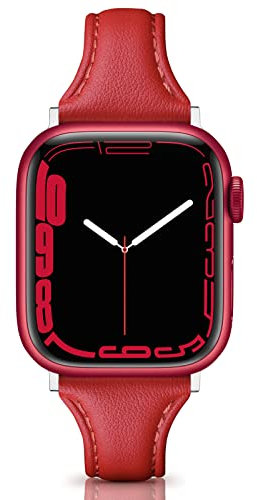 Tuocal Genuine Leather Strap Compatible with Apple Watch Straps 38mm 40mm 41mm, Slim Thin Soft Replacement Strap for Apple Watch iWatch Series 8 7 6 5 4 3 2 1 SE Sport Edition Women, Red