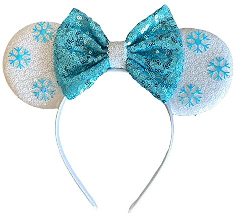 White Frozen Ice Queen Elsa Inspired Minnie Mouse Alice Headband With Big 5 Sequin Top Bow Handmade