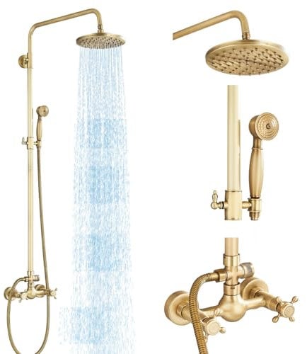 MOSSON Outdoor Shower Fixtures Antique Brass Shower Faucet System with 8 Inch Shower Head and Handheld Spray 2 Cross Handles Exposed Shower System Wall Mounted Copper Brass