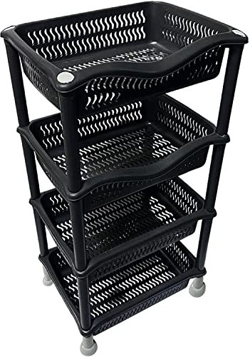 Plastic Storage Trolley Unit Utility Trolley Kitchen Cart Vegetable Rack Fruit Basket Corner Shelf for Kitchen Bedroom Bathroom Living Room Office 4-Tier HTUK (4 Tier - Black)