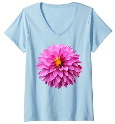 Damen Dahlien-Blume, Rosa T-Shirt mit V-Ausschnitt