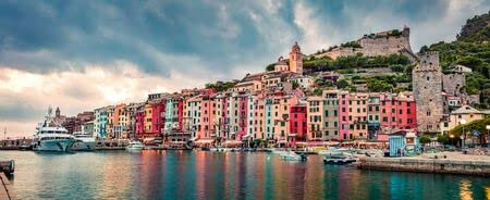 Acryl-Bild 100 x 40 cm: Malerischer Sommerblick auf die Stadt Portovenere. Panorama-Abendszene des Mittelmeers, Region Ligurien, Provinz La Spezia,(140120510)