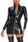 FEOYA Damen Kurze Overall Sexy Party Halterlose Overknee Strümpfe Clubwear Partykleider Kunstleder Wetlook Kniestrümpfe Bodysuit Leder Latex Kleider Handschuhe Latex Lange Handschuhe