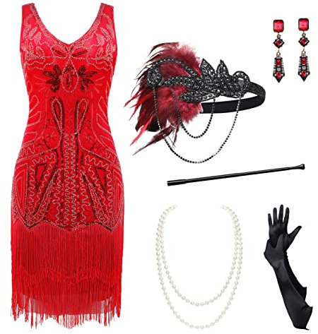 BABEYOND Damen Flapper Kleider 1920er Jahre V Ausschnitt Perlen Fransen Great Gatsby Kleid, Set – Rot, S