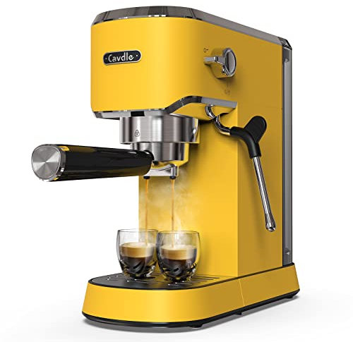 CAVDLE Espresso Machine 20 Bar, Professional Maker with Milk Frother Steam Wand, Compact Coffee 35oz Removable Water Tank for Cappuccino, Latte, Stainless Steel, Yellow