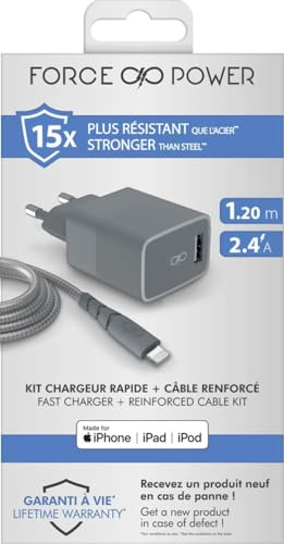 Chargeur maison 2.4A IC Smart Garanti à vie + Câble USB A/Lightning Gris - 100% Plastique recyclé Force Power