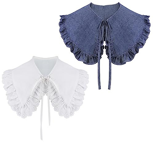 XEPST 2 Pièces Faux Col Femme Détachable, Demi Chemists Col Chemister Col de Chemise Removable Faux Col Claudine Amovible Détachable Col pour Femmes Filles Faveurs Décoratives, Denim + Volants