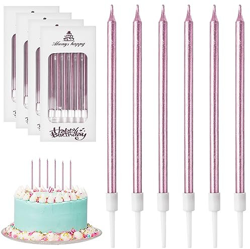 DONQL Geburtstagskerzen Für Torte, Dünne Lange Geburtstagskerze Mit Haltern Für Geburtstagskerzen Kinder & Erwachsene Für Dekorative Geburtstagstorte, Babyparty, Mädchenparty (24 Stücke Roségold)