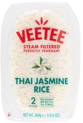 VEETEE Microwavable Thai Jasmine Rice Tray, Quick Cook Cupboard Food, Low Sodium, Wheat-Free, No Artificial Colours, Flavours or Preservatives, 300 g (Pack of 6)