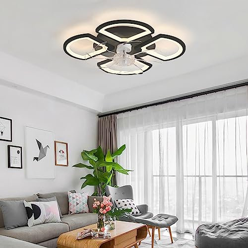 YUNZI 80CM Deckenventilator Mit Licht Timer Leise Reversibel DC-Motor Winter- Und Sommermodus LED 70W Dimmbare Deckenleuchte Mit Ventilator 6 Geschwindigkeiten Für Schlafzimmer Wohnzimmer-Black||50CM