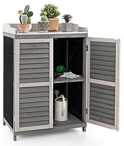 GiantexUK Wooden Garden Shed, Outdoor Tool Storage Cabinet with Galvanized Metal Top, Shelf, Double Louvered & Roll-up Side Doors, Compact Tool Chest Organiser