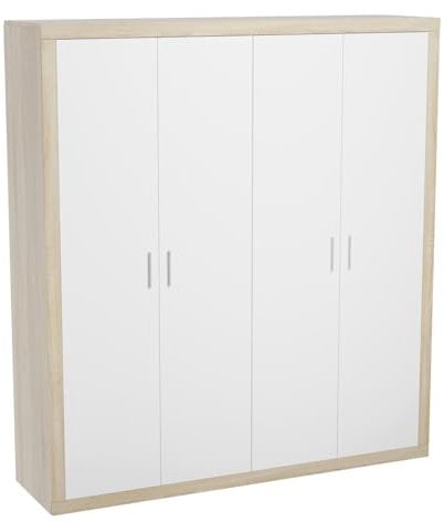 Homey Armario 4 Puertas Batientes con Altillo Modelo Omabella para Dormitorios de Matrimonio o Individuales, Madera, Cambria-Blanco, 196 cm (Ancho) x 208 cm (Alto) x 50 cm (Fondo)
