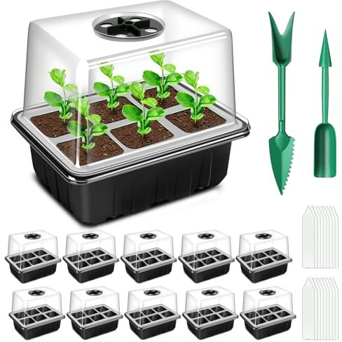 YAUNGEL Bandejas Semilleros, 10Pcs 60 Grande Agujeros Mini Invernadero Germinador de Semillas, Bandeja de Cultivo con Tapa Ventilación y Ventana Ajustable para Plantas Desemillero, Negro