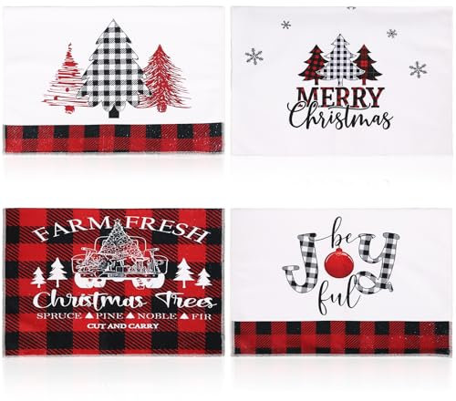 PEUTIER 40x59cm 4pcs Toallas de Navidad Cocina, Feliz Navidad Paños de Plato Decorativos Microfibra Cuadros Árboles de Navidad Decoración de Cocina Toallas de Mano de Temporada para Baño Hogar