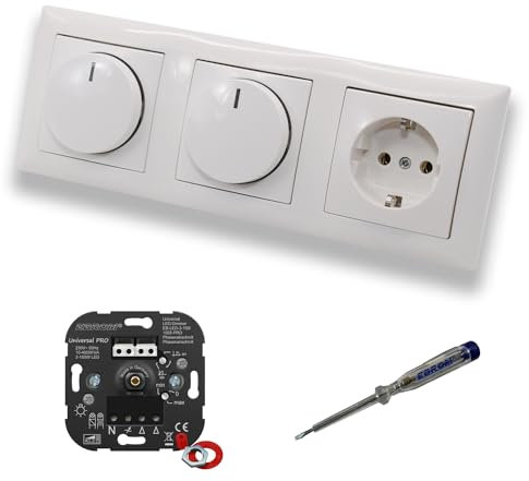 EBROM 1002 Universal PRO (2 x) LED Drehdimmer Dimmer + Busch Jäger Dimmerscheibe 2115-914 und Steckdose 20EUC-914 in Balance Si alpinweiß glänzend inklusive EBROM Phasenprüfer zur Montage der Geräte