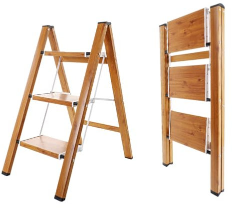 BAOYOUNI Scaletta pieghevole a 3 gradini, portatile, leggera, in alluminio, con pedali larghi antiscivolo, capacità 150 kg, per casa, cucina, giardino, ufficio, colore bianco + venature del legno