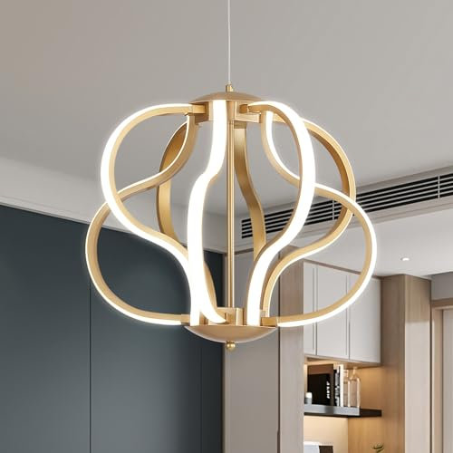 ZenithBeam Moderne LED Pendelleuchte, Gold Lampe Wohnzimmer Mit Fernbedienung, Dimmbare Kunstdekor Lampe 40 W, 8 Lichter Linie HäNgelampe FüR Wohnzimmer, KüChe, Schlafzimmer, Flur, Esszimmer