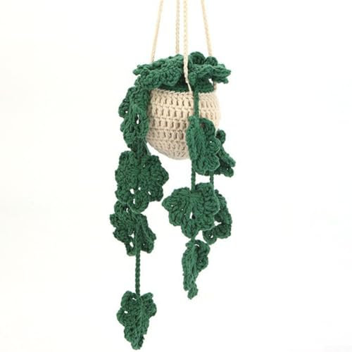 Getdoublerich Häkeln Hängende Pflanze für Auto Niedliche Topfpflanzen Häkeln Dekor Autospiegel Hängende Zubehör Rückansicht Ornament Hängende Boho Handgemachte Gestrickte Anhänger (A)