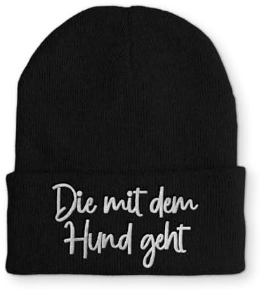 tshirtladen Die mit dem Hund geht Spruchmütze Strickmütze Wintermütze lustige Beanie mit Stick OneSize Mütze, Farbe: Black