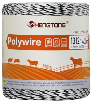 Heavy Duty Electric Fence Aluminum Polywire, 1320 Feet 400 Meters, 3 Strands of UV Resistant PVC Coated Fiberglass and 3 Strands of Reliable Conductivity Aluminum Conductor, White and Black