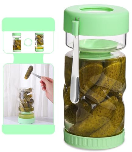 fruui Glass Pickle Jar with Strainer Flip, 36oz Pickle Container with Strainer, Hourglass Pickle Flip Jar with Stainless Steel Fork, Pickle Storage Pickle Juice separator Jar for Olive,onions,gherkin