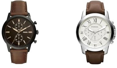 Fossil Townsman Uhr für Herren, Chronographenwerk & Grant Uhr für Herren, Quarz-Chronographenwerk, mit Edelstahl- oder Lederarmband, Weiß und Braun, 44MM