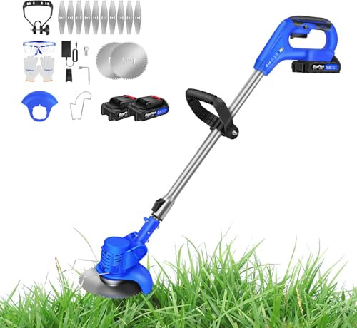 Rasentrimmer mit Akku Einstellbarer Teleskop-Führungsholm, Rasenkantenschneider Elektrischer Kantenschneider Rasen mit 1,5Ah Akkus und Ladegerät, Freischneider Akku inkl. 12pcs Stoffmesser