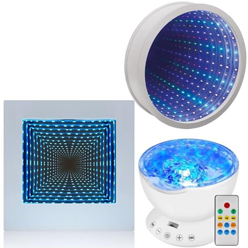 Playlearn 22cm Sensory Light LED Infinity Mirror Tunnel Light Square - 23cm Infinity Mirror Calming Visual Effect and 13cm Ocean Wave Projector Lamp for Office,Living Room & Bedroom