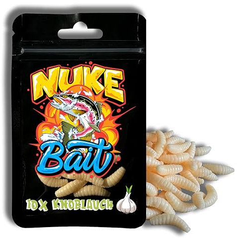 Nuke Bait - Forellenköder - Bienenmaden mit Lockstoff -10 Stück - Das Original Forellen Köder, Bienenmade, Kunstköder mit Geruch, Aroma Angelköder, Raubfisch, Bester Fischköder (Knoblauch - Aroma)