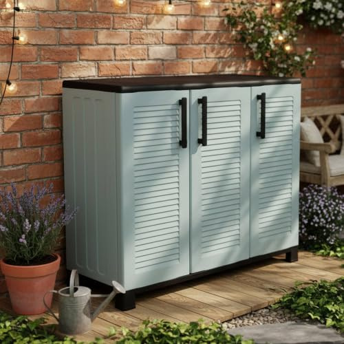 Dmora - Outdoor-Garderobe aus Fell, Mehrzweck-Balkongarderobe, 3-türiger Outdoor-Schrank, 100% Made in Italy, 102 x 37 x 90 cm, Hellgrau und Schwarz, gestreifte Oberfläche
