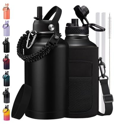 64oz Insulated Water Bottle with Straw, Cold 48H Hot 24H, Half Gallon Jug | Stainless Steel Flask wiht Straw, Auto Spout Lid, Paracord Handle & Carrier Pouch, Metal Water Jug Sport Outdoor Gym Travel