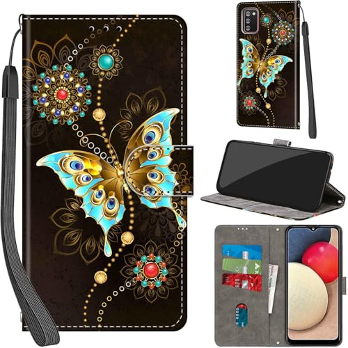 Handyhülle für Samsung Galaxy A02s Hülle, grüner Schmetterling | PU Leder, Klappbar, Kartenfächer, Ständer, Kameraschutz, Brieftasche, Magnet, Stoßfeste, Muster Motiv