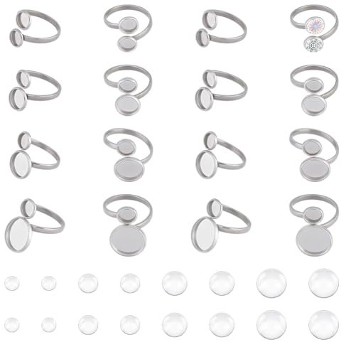 UNICRAFTALE 16 Set 4 Größen Fingerring Rohling Verstellbare Manschettenring Fassungen Cabochon Ring Basis Edelstahl flache Runde Pad Ring Basis Beschläge Lünettenschale Für Schmuckherstellungszubehör