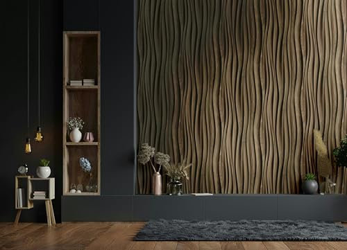 Tapete Holz Wellen Vliestapete Dunkelbraun Fototapete 3D-Optik für Wohnzimmer Schlafzimmer Küche Made in Germany 10,05x0,53 m