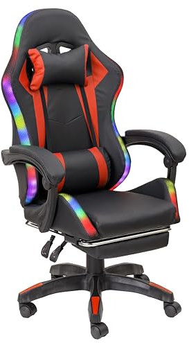 Baroni Home Sedia Gaming Ergonomica con Cuscino Lombare, Luci Led Regolabili e Poggiapiedi Estraibile, Sedia Ufficio con Schienale Inclinabile e Altezza Regolabile, Rosso, 68x66x125-133 cm
