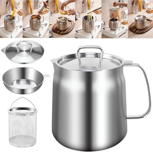 DAJILI 2L 304 Stainless Steel Oil Filter Pot With Basket and Lid - 2 in 1 Thick Cooking Oil Container With Strainer - Bacon Grease Can for Frying