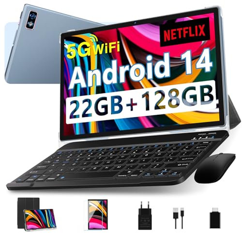 Newest Tablet 10 Pulgadas Android 14 con 5G+2.4G WiFi, 22GB RAM+128GB ROM/Ampliable a 2TB| 8000 mAh| 8 Core 2.0GHz |Widevine L1|GMS |8MP+5MP |BT 5.0, USB-C, Tablet con Teclado+ Ratón+ Funda - Gris