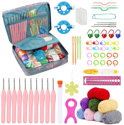 BDSHUNBF 66 pcs All'uncinetto con Accessori per Principianti, Set Uncinetto per Principianti, Set di Uncinetti Kit Uncinetto Principianti, Accessori All'uncinetto, Uncinetto Set con Filo e Accessori