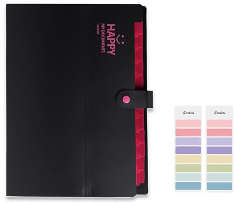 Meekye Fächermappe A4 mit 12 Fächern und 16 Stück Etikette, Dokumentenmappe A4 Ordnungsmappe Mappen Ordnersystem, Document Organizer Für Zuhause, Büro, Schule, Belege Und Auf Reisen Schwarz