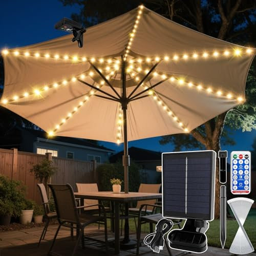 VEEKAY Lámpara Solar para Sombrilla,104 LEDs Luz Solar Sombrilla,Luces de Sombrilla de Patio con 8 Modos,Control Remoto,IP67 Luces Solares Impermeables,para Patio,Camping,Tiendas de Campaña