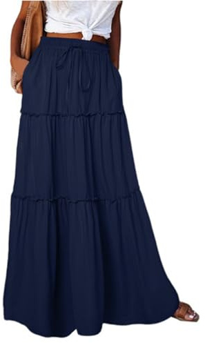 Damen Lang Boho Rock Elegant Hohe Taille A-Linie Elastischer Taillenrock Blumen Bedruckter Sommerrock Retro Modische Casual Maxi Beach Rock Mit Taschen