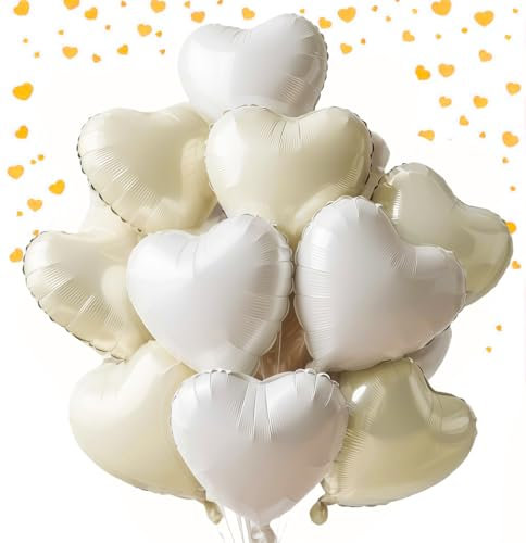 UDRKFOPK Herz Folienballon 12 Stück,18 Zoll Herz Helium Luftballons Weiß Creme,Creme Weiß Herzluftballons Hochzeit, Herzballons Helium Herz Luftballon für Geburtstag Valentinstag Verlobung Muttertag